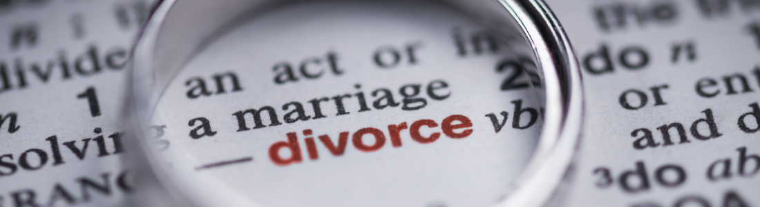 Divorce in dictionary viewed through wedding ring
