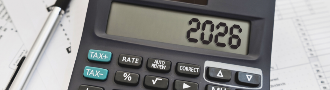 A calculator with tax buttons and showing 2026 on the screen representing Inheritance Tax changes in 2026